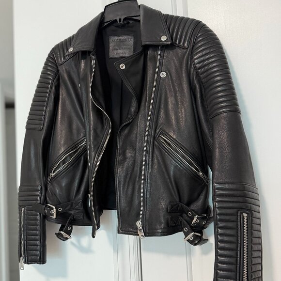 AllSaints Balfern Biker Leather Moto Jacket Black US 8 | $559 Retail - Picture 1 of 9